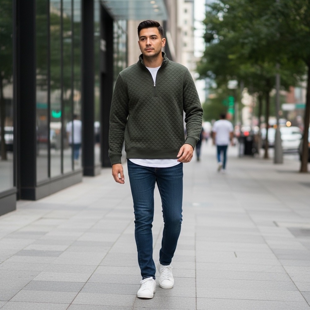 Tommy John Mens Olive Green Quilted Quarter Zip Pullover Sweater Size S 2114